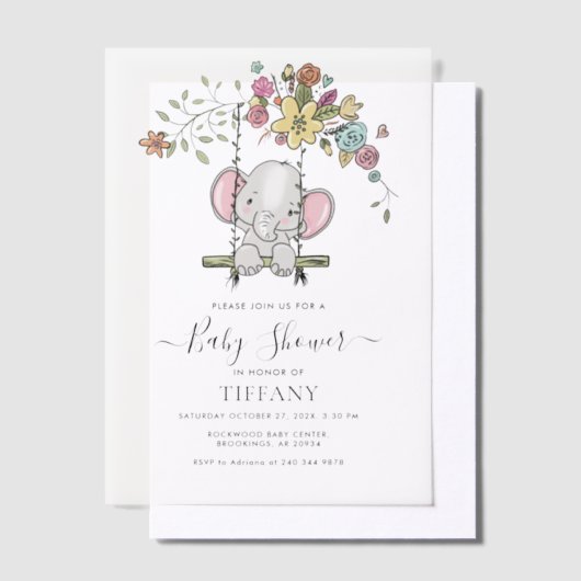 かわいいベビーゾウ男の子フローラスイングベビーシャワー ベラム紙招待状 (オフセット)