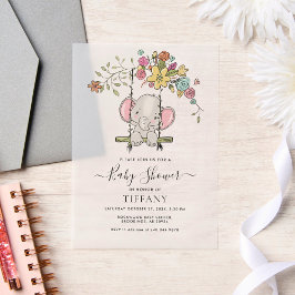かわいいベビーゾウ男の子フローラスイングベビーシャワー ベラム紙招待状