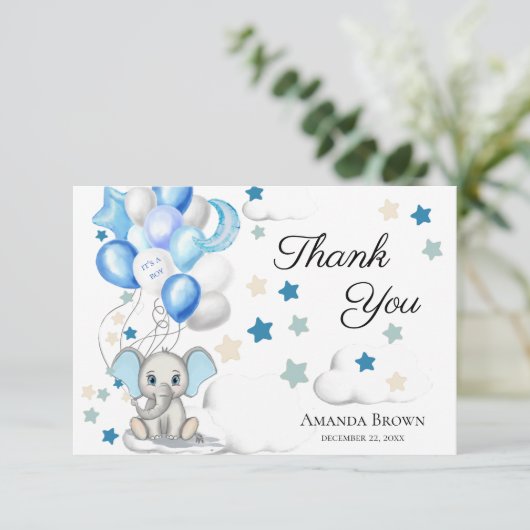 かわいいベビーゾウ男の子ベイビーシャワー |ありがとうございます サンキューカード (スタンド正面)