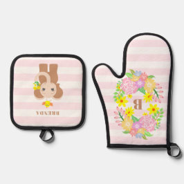 かわいいベビーゾウ花モノグラムキッズ 鍋つかみ&鍋敷きセット