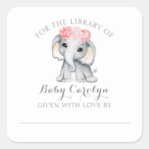 かわいいベビーゾウ蔵書票図書用 スクエアシール