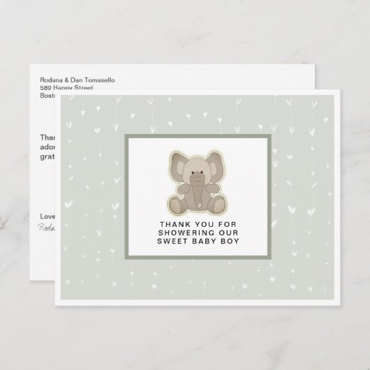 かわいいベビーゾウ赤ちゃんシャワーありがとう ポストカード (正面/裏面)