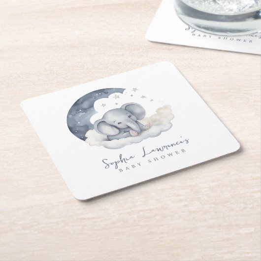 かわいいベビーゾウ赤ちゃんシャワー スクエアペーパーコースター (アングル)