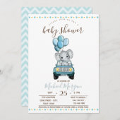 かわいいベビーゾウ車、ジグザグベビーシャワー 招待状 (正面/裏面)
