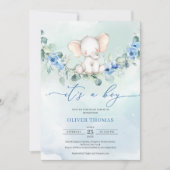 かわいいベビーゾウ青フローラユーカリ 招待状 (正面)
