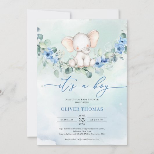 かわいいベビーゾウ青フローラユーカリ 招待状 (正面)