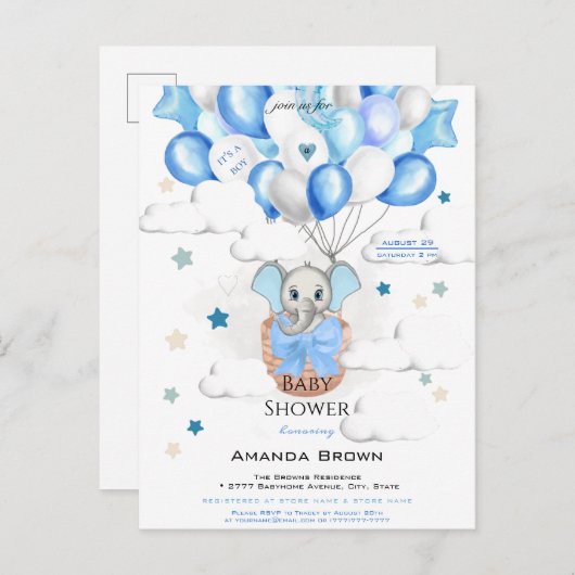 かわいいベビーゾウ風船バスケットボーイ赤ちゃんシャワー インビテーションポストカード (正面/裏面)