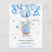 かわいいベビーゾウ風船バスケットボーイ赤ちゃんシャワー インビテーションポストカード (正面)