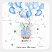 かわいいベビーゾウ風船バスケットボーイ赤ちゃんシャワー スクエアシール (正面)