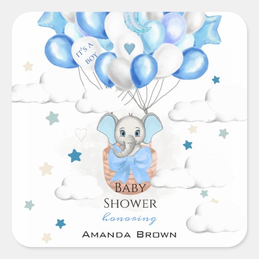 かわいいベビーゾウ風船バスケットボーイ赤ちゃんシャワー スクエアシール (正面)