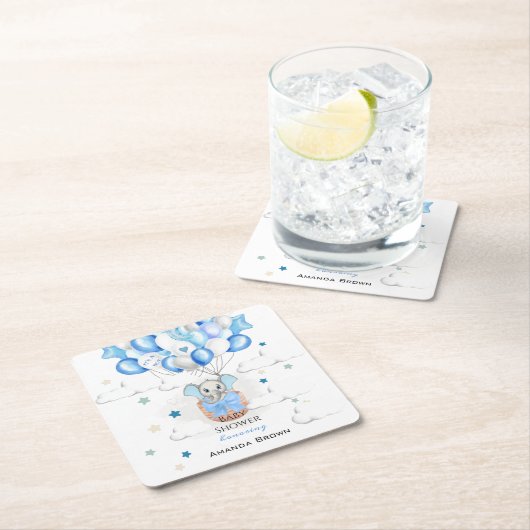 かわいいベビーゾウ風船バスケットボーイ赤ちゃんシャワー スクエアペーパーコースター (インサイチュ)