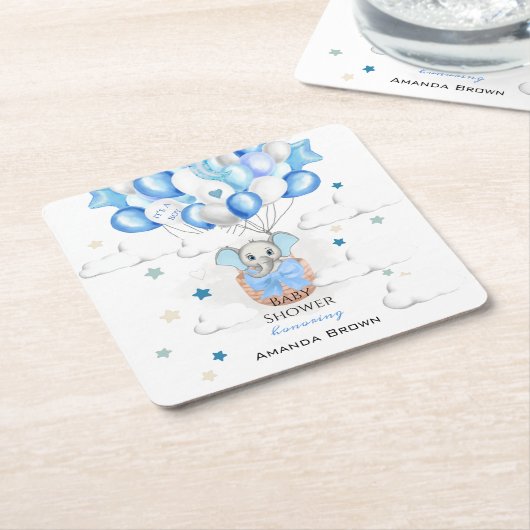 かわいいベビーゾウ風船バスケットボーイ赤ちゃんシャワー スクエアペーパーコースター (アングル)