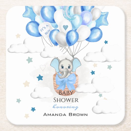 かわいいベビーゾウ風船バスケットボーイ赤ちゃんシャワー スクエアペーパーコースター (正面)