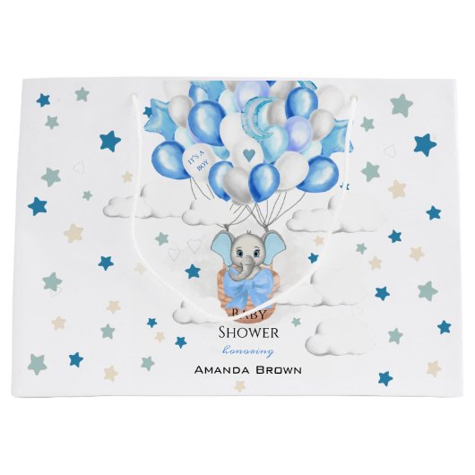 かわいいベビーゾウ風船バスケットボーイ赤ちゃんシャワー ラージペーパーバッグ (正面)