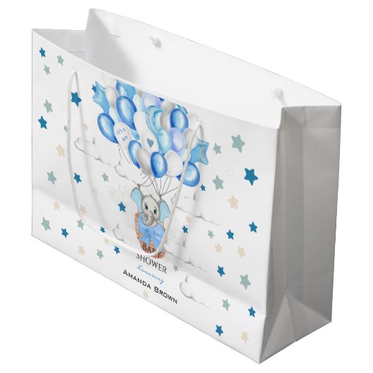 かわいいベビーゾウ風船バスケットボーイ赤ちゃんシャワー ラージペーパーバッグ (正面アングル)