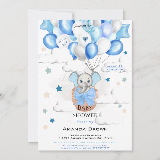 かわいいベビーゾウ風船バスケットボーイ赤ちゃんシャワー 招待状 (正面)