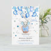 かわいいベビーゾウ風船バスケットボーイ赤ちゃんシャワー 招待状 (スタンド正面)