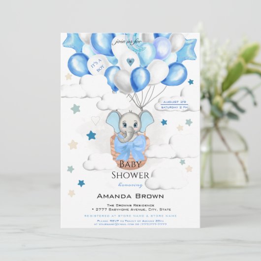 かわいいベビーゾウ風船バスケットボーイ赤ちゃんシャワー 招待状 (スタンド正面)