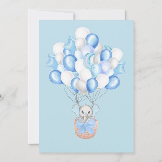 かわいいベビーゾウ風船バスケットボーイ赤ちゃんシャワー 招待状 (裏面)