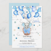 かわいいベビーゾウ風船バスケットボーイ赤ちゃんシャワー 招待状 (正面/裏面)