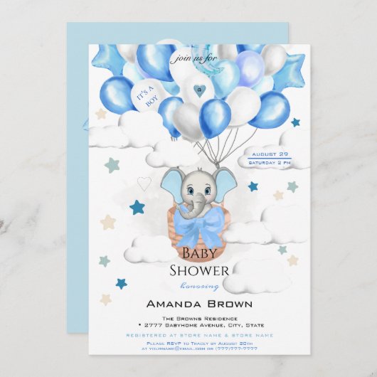 かわいいベビーゾウ風船バスケットボーイ赤ちゃんシャワー 招待状 (正面/裏面)