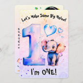 かわいいベビーゾウ1歳の誕生日ガールズピンクハート 招待状 (正面/裏面)