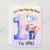 かわいいベビーゾウ1歳の誕生日ガールズピンクハート 招待状 (正面)