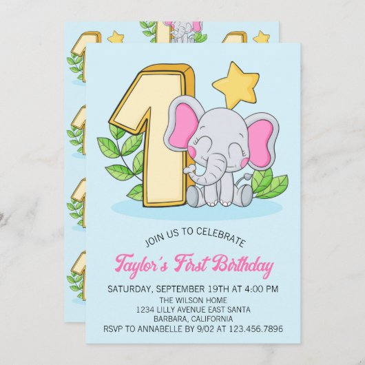 かわいいベビーゾウ1歳の誕生日パーティの招待状 招待状 (正面/裏面)