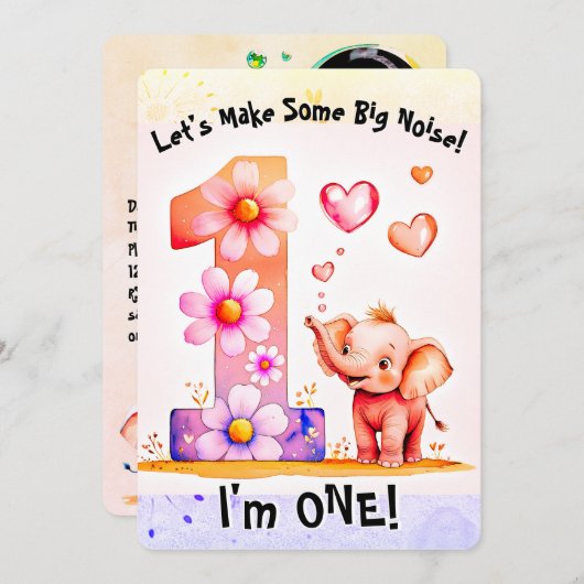 かわいいベビーゾウ1st誕生日フローラハート女の子 招待状 (正面/裏面)