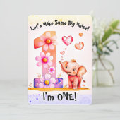 かわいいベビーゾウ1st誕生日フローラハート女の子 招待状 (スタンド正面)