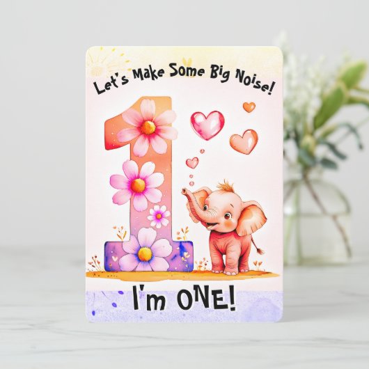 かわいいベビーゾウ1st誕生日フローラハート女の子 招待状 (スタンド正面)