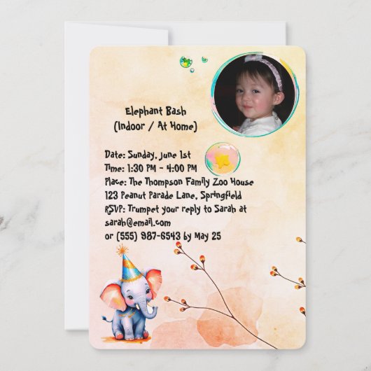 かわいいベビーゾウ1st誕生日フローラハート女の子 招待状 (裏面)
