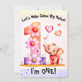 かわいいベビーゾウ1st誕生日フローラハート女の子 招待状 (正面)