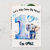 かわいいベビーゾウ1st誕生日 – ボーイズ青ハート 招待状 (正面/裏面)