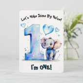 かわいいベビーゾウ1st誕生日 – ボーイズ青ハート 招待状 (スタンド正面)