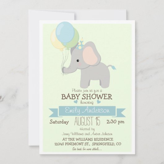 かわいいベビーゾウ、ジャングル動物園の少年の赤ちゃんシャワー 招待状 (正面)