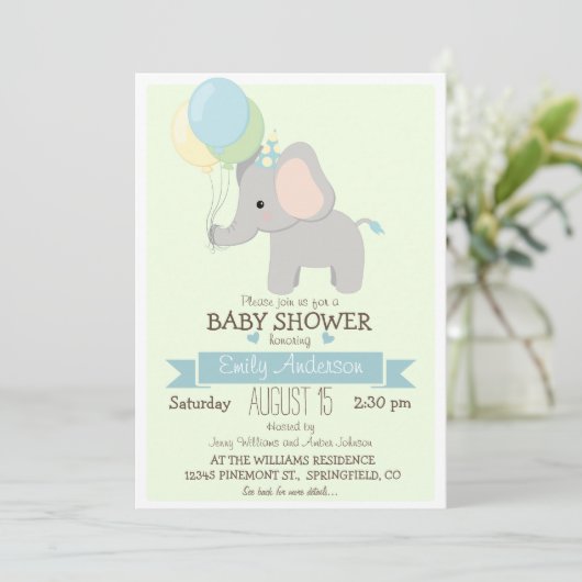 かわいいベビーゾウ、ジャングル動物園の少年の赤ちゃんシャワー 招待状 (スタンド正面)