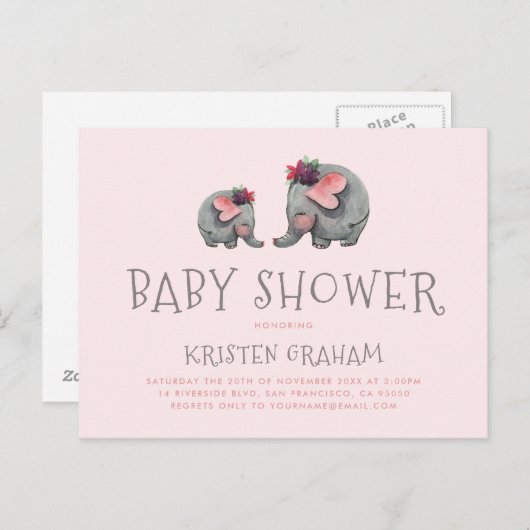 かわいいベビーゾウ | ピンクの水の色のベビーシャワー インビテーションポストカード (正面/裏面)
