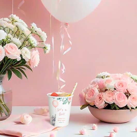 かわいいベビーゾウ&ピンクバルーンガールベビーシャワー 紙コップ