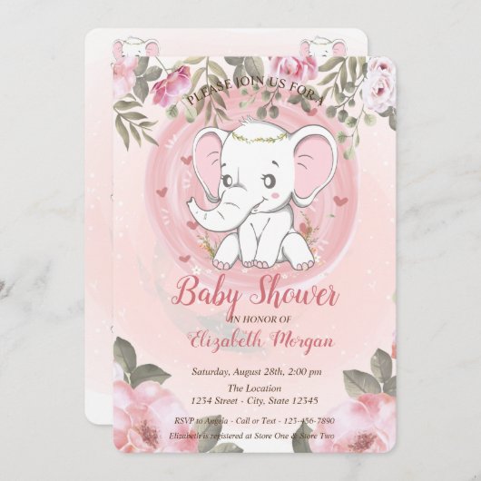 かわいいベビーゾウ、フローラ赤ちゃんシャワー 招待状 (正面/裏面)