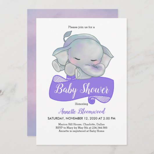 かわいいベビーゾウ | 赤ちゃんシャワー 招待状 (正面/裏面)