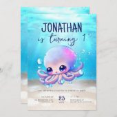 かわいいベビータコ水彩子供の誕生日 招待状 (正面/裏面)