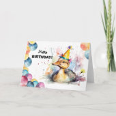 かわいいベビーダックバルーンとパーティーハット誕生日 カード (正面)