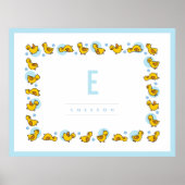 かわいいベビーダック ブルー モノグラム ぬりかべ アート ポスター (正面)