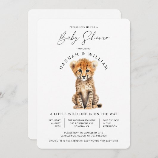 かわいいベビーチーター赤ちゃん男女兼用シャワー 招待状 (正面/裏面)