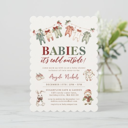 かわいいベビーツインベイビーシャワー外は寒い 招待状 (スタンド正面)