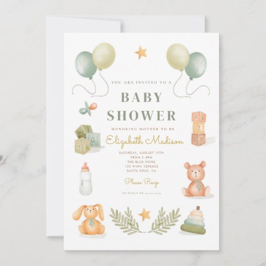 かわいいベビーテディベアおもちゃ赤ちゃんシャワー 招待状 (正面)