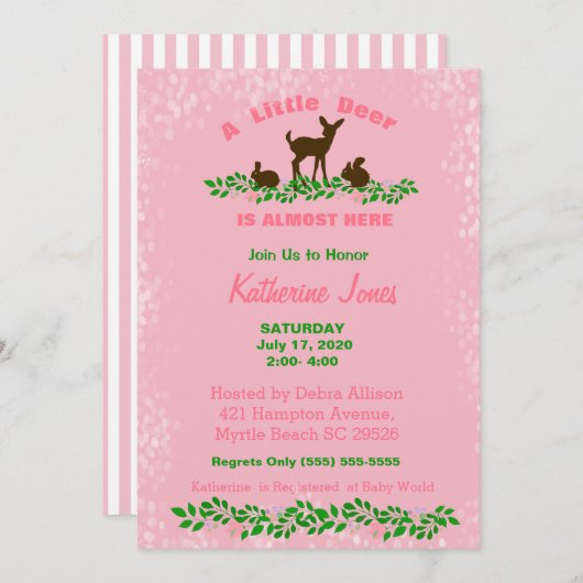 かわいいベビーディアベビーシャワー招待状（ピンク） 招待状 (正面/裏面)