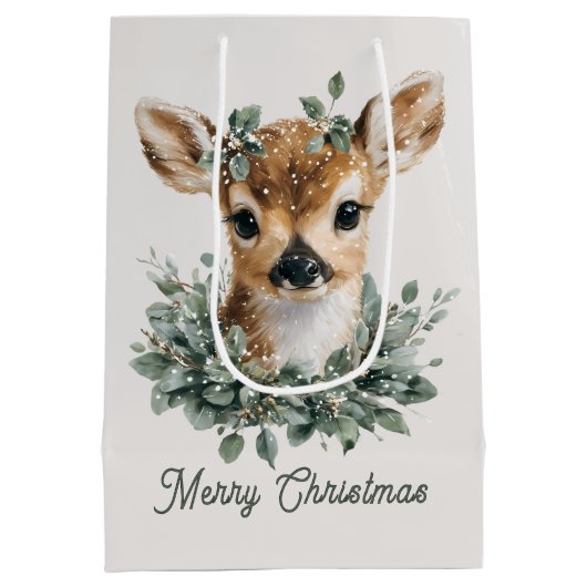かわいいベビーディアメリークリスマス – 水の色の子鹿 ミディアムペーパーバッグ (裏面)