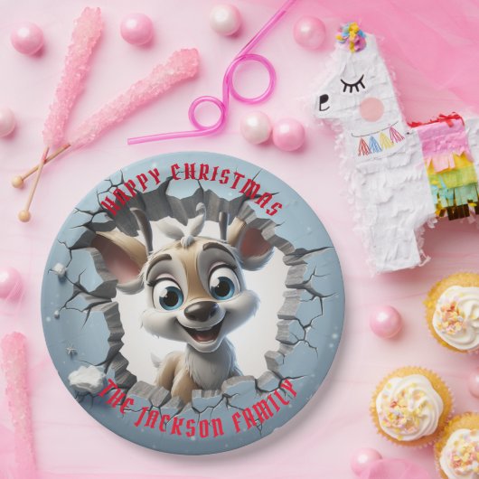 かわいいベビートナカイ3Dクリスマス ペーパープレート (パーティー)